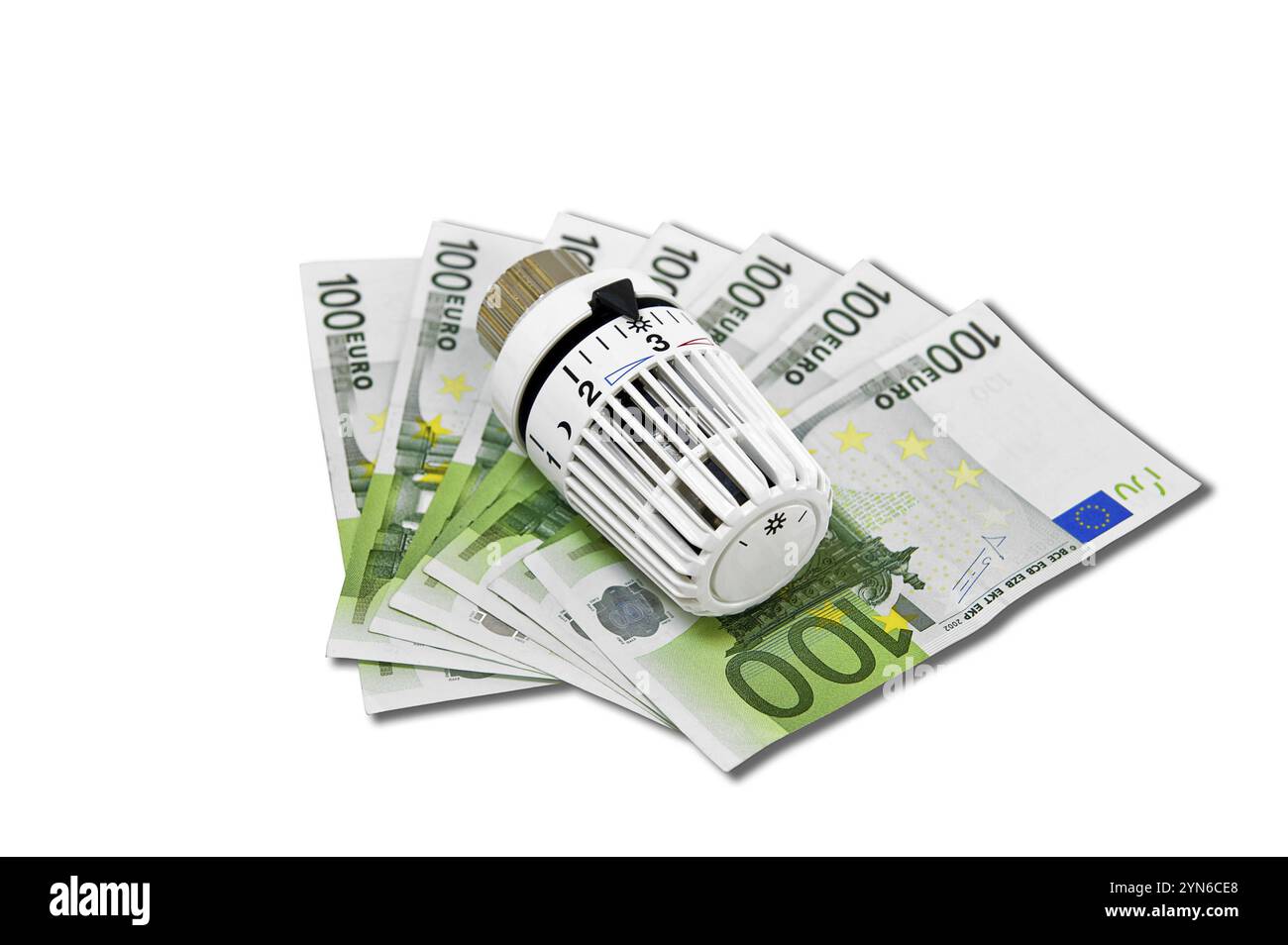 Foto simbolica dei costi energetici, valvola di riscaldamento con banconote in euro Studio, Baden-Wuerttemberg, Repubblica federale di Germania Foto Stock
