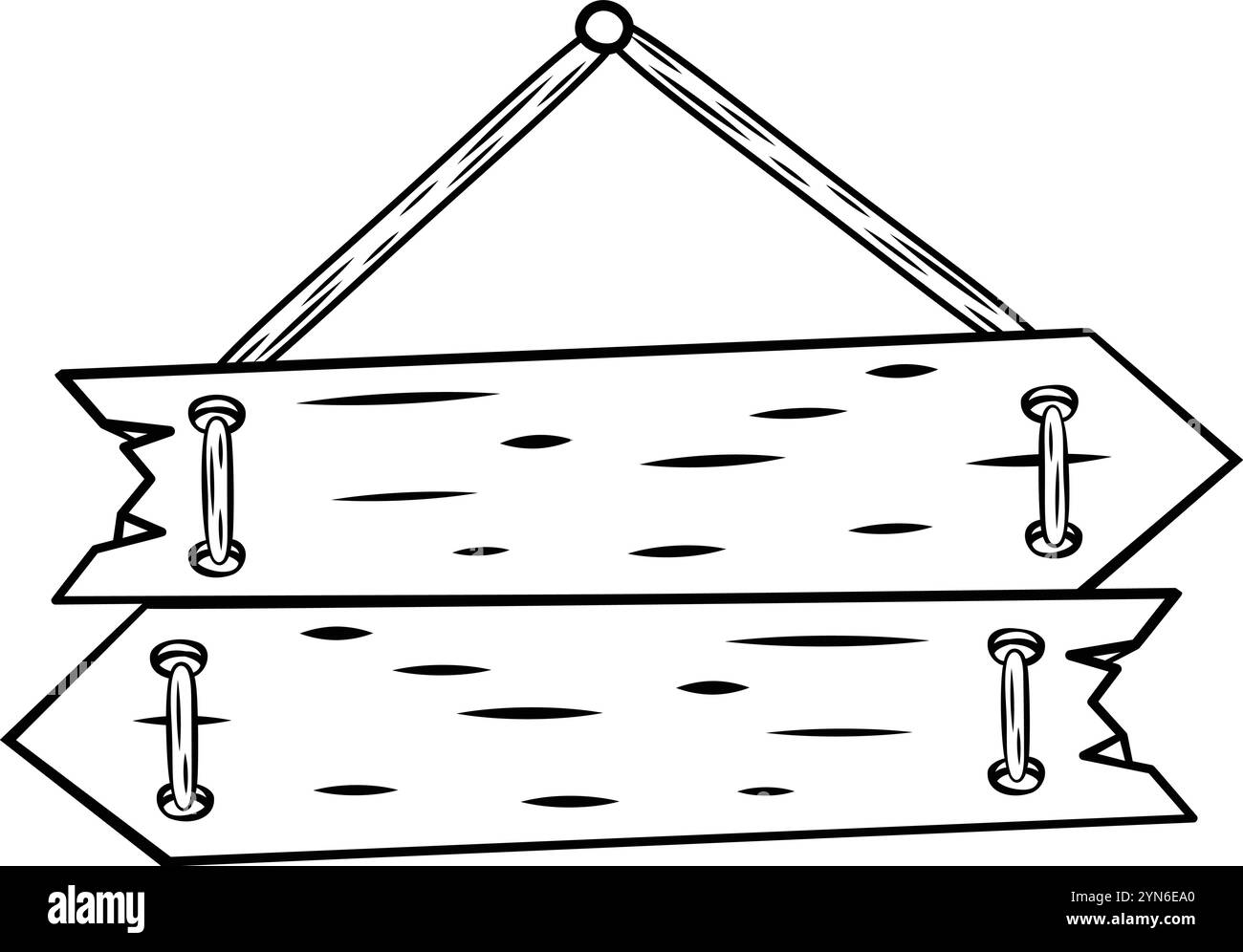 Due cartelli a forma di freccia in legno che pendono da una fune, puntano in direzioni opposte, offrono una rappresentazione semplice ma suggestiva della scelta Illustrazione Vettoriale
