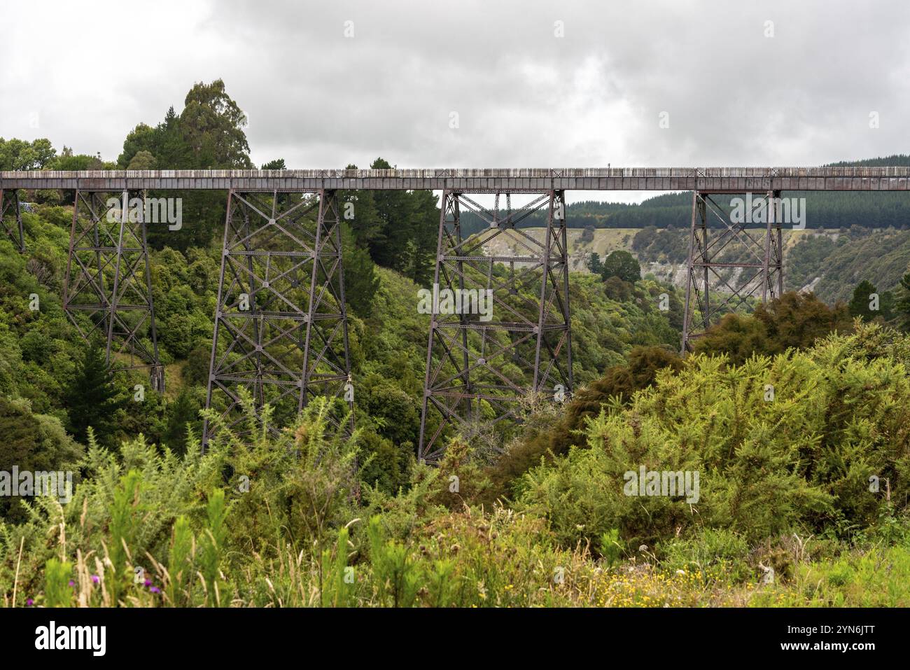 Vecchio ponte ferroviario su una valle, Isola del Nord della Nuova Zelanda Foto Stock