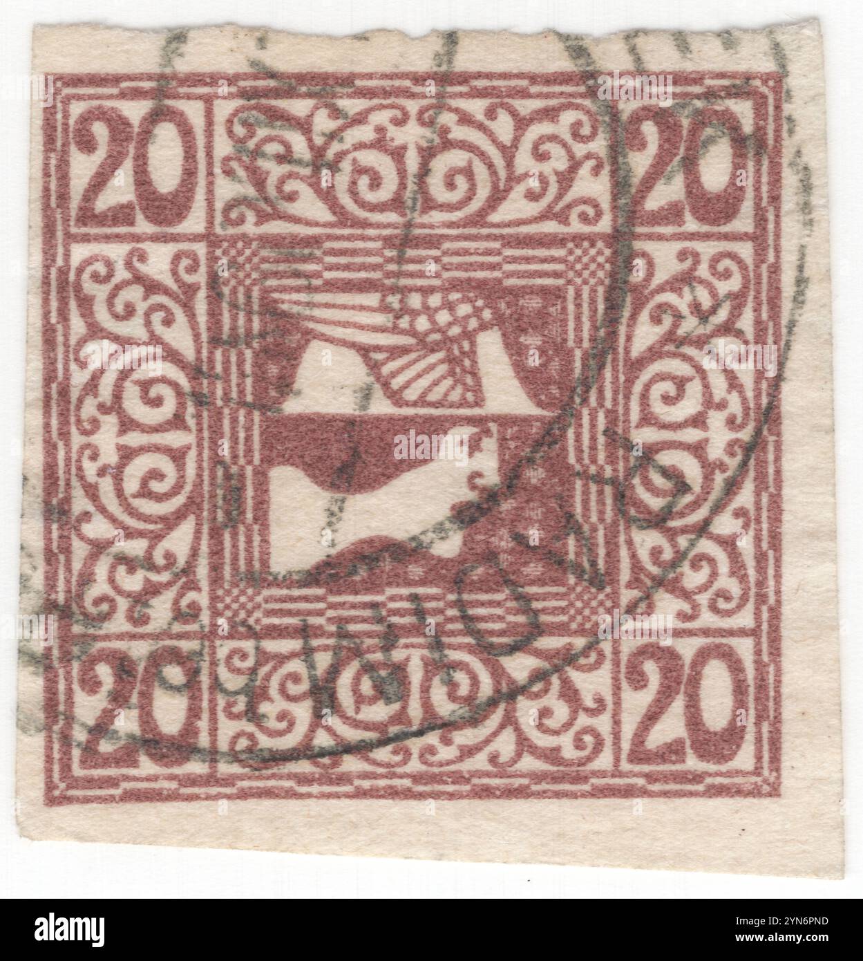 AUSTRIA — 1908: Francobollo marrone heller 20. Testa stilizzata dell'antico dio Mercurius (mercurio, Ermes), quattro numeri di valore in cornici quadrate e ornamenti floreali. Il primo numero dei francobolli della monarchia austriaca. Mercurio è un dio importante nella religione e nella mitologia romana, essendo uno dei 12 Dii Consentes all'interno dell'antico pantheon romano. Egli è il dio del guadagno finanziario, del commercio, dell'eloquenza, dei messaggi, della comunicazione (compresa la divinazione), viaggiatori, confini, fortuna, inganno e ladri; egli funge anche da guida delle anime degli inferi e del "messaggero degli dei" Foto Stock