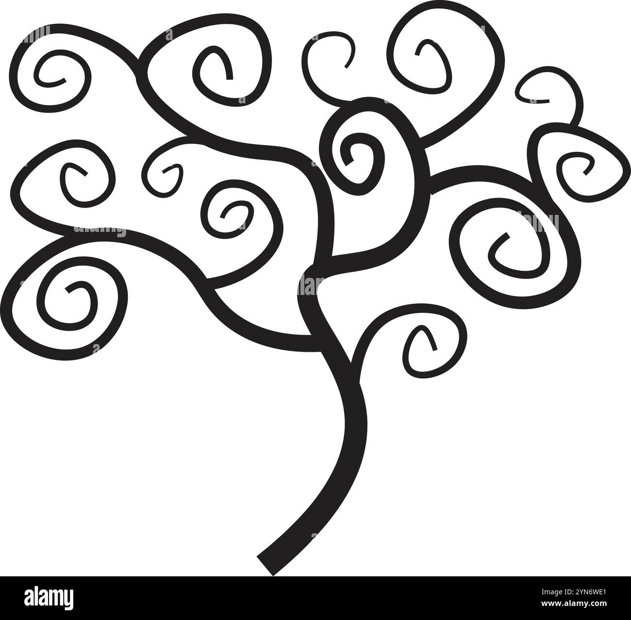 Disegno di alberi in bianco e nero stilizzato con rami a spirale, che crea un look accattivante ed elegante, perfetto per progetti a tema naturale Illustrazione Vettoriale