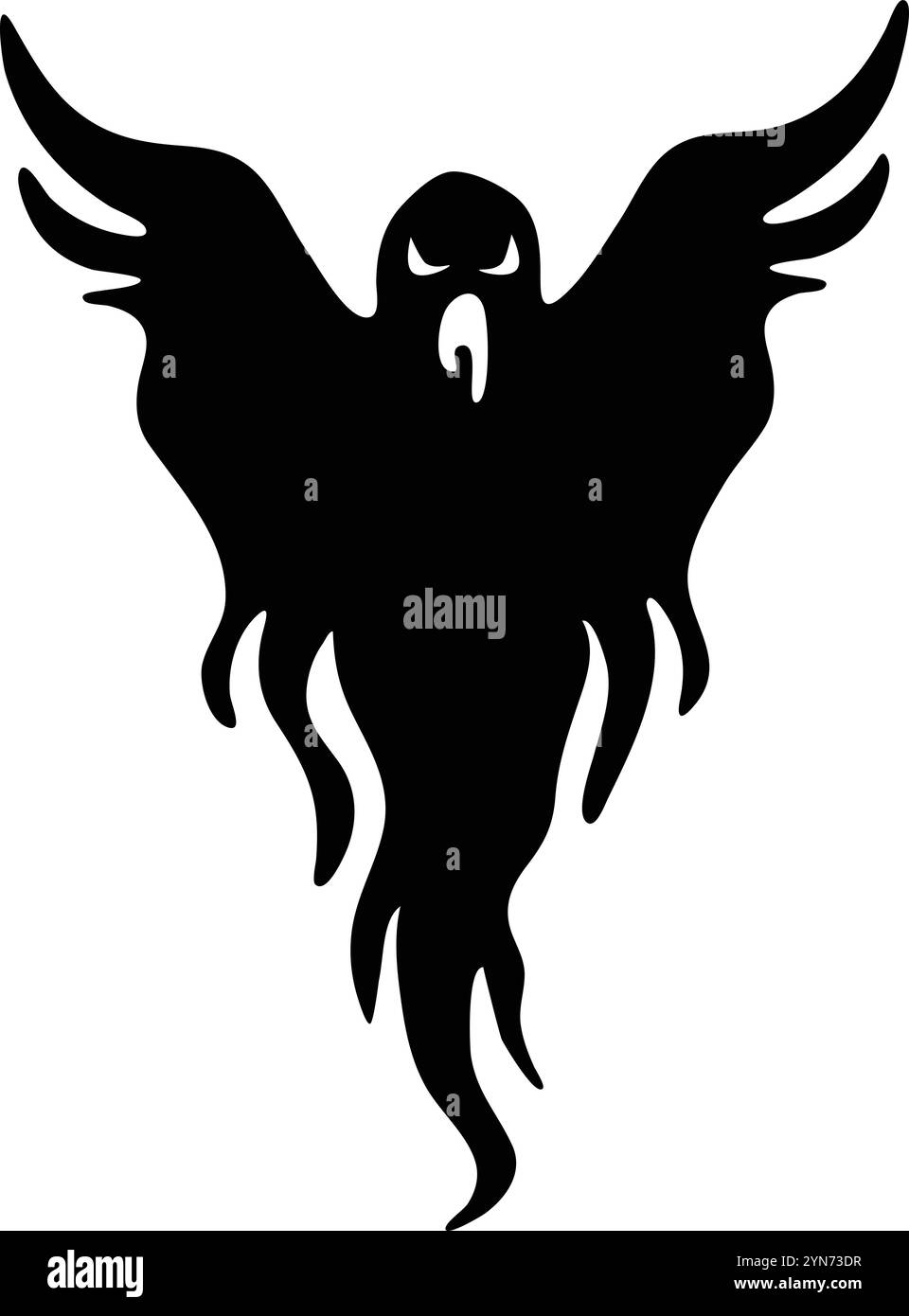 Spaventoso fantasma nero che vola con le ali aperte e una coda ardente, creando un'atmosfera rilassante e inquietante perfetta per i progetti di halloween Illustrazione Vettoriale