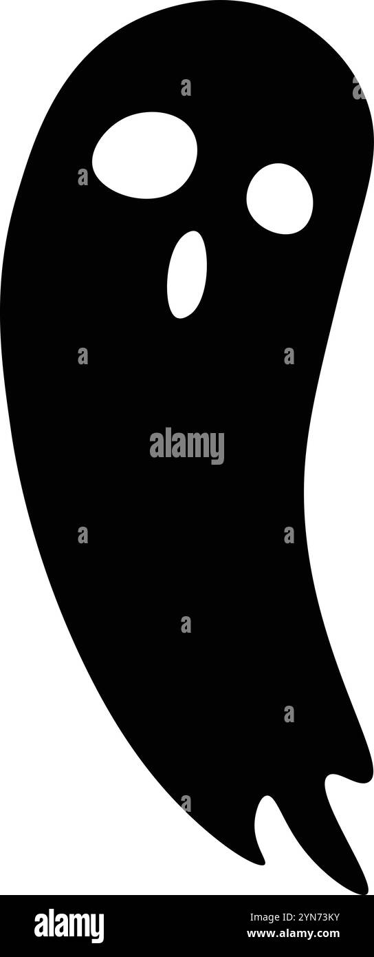 Semplice fantasma nero che galleggia con occhi ovali e bocca aperta che esprime tristezza, ideale per decorazioni di halloween e disegni spettrali Illustrazione Vettoriale
