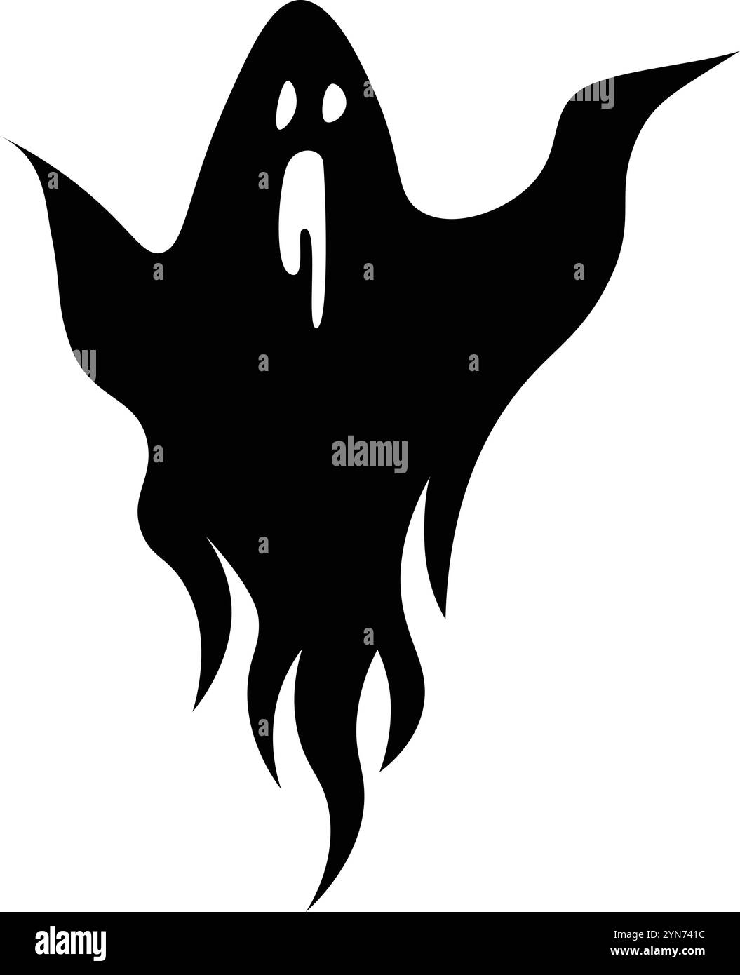 Immagine di un fantasma nero stilizzato con bocca aperta e fondo ondulato, che galleggia su uno sfondo bianco, creando un fantasma spettrale e misterioso Illustrazione Vettoriale