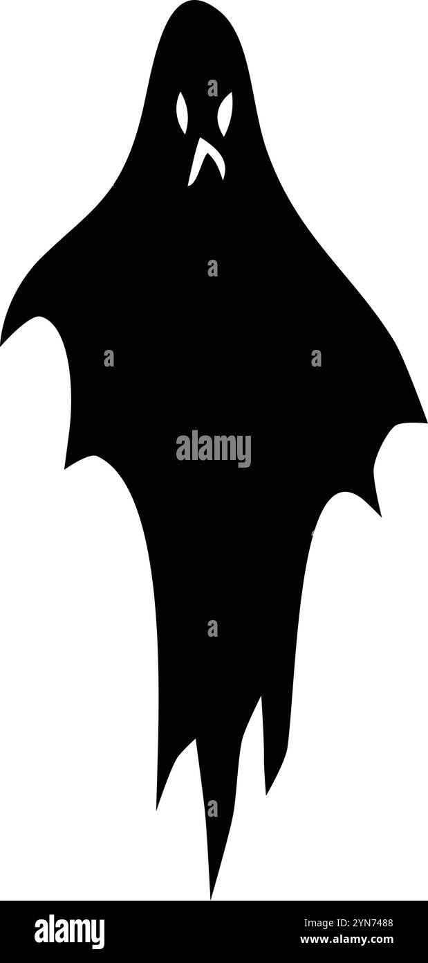 Silhouette nera fantasma che galleggia su sfondo bianco, con un'espressione arrabbiata, perfetta per i progetti di halloween e per creare un effetto spettrale Illustrazione Vettoriale