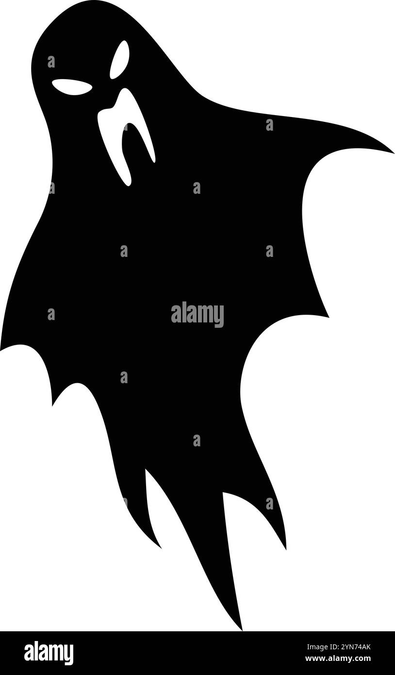 Silhouette nera di un fantasma minaccioso che galleggia con occhi brillanti e denti affilati, creando un'atmosfera spettrale e inquietante, perfetta per i progetti di halloween Illustrazione Vettoriale