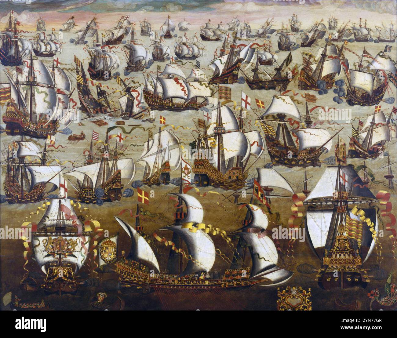 L'Armada spagnola combatté contro la marina inglese nella battaglia di Gravelines nel 1588 Foto Stock