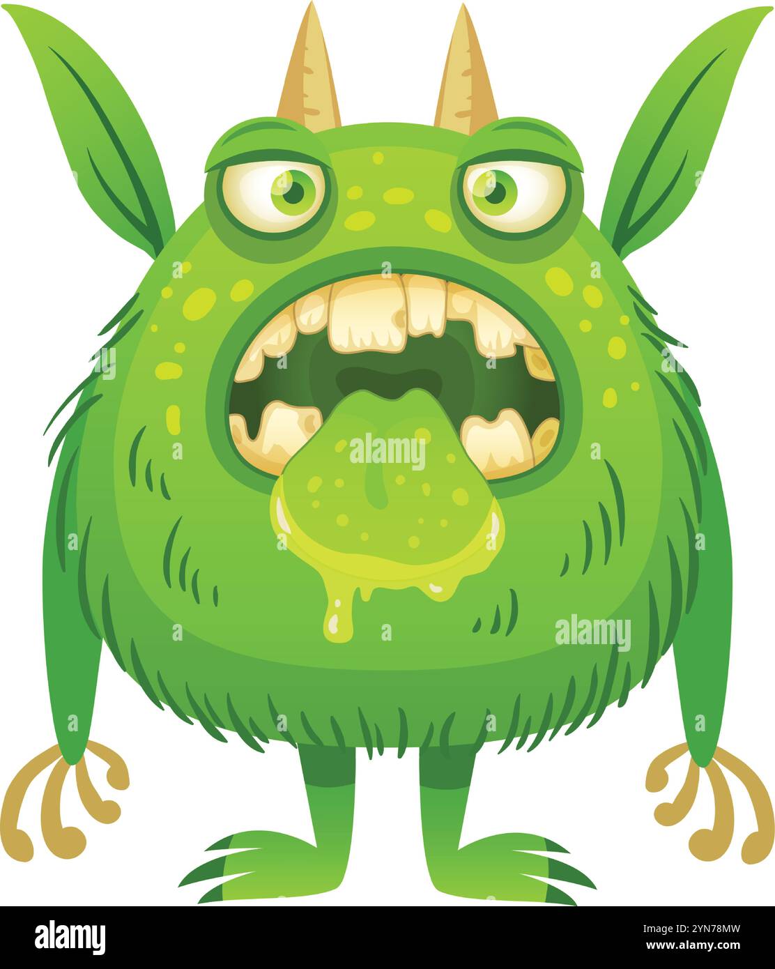 Divertente mostro verde dei cartoni animati che sporge la lingua con saliva gocciolante, con corna, artigli e pelliccia verde, ideale per le illustrazioni dei bambini Illustrazione Vettoriale