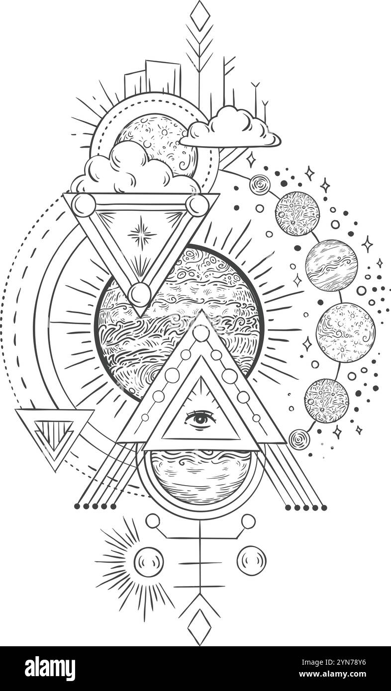 Pianeti, sole, luna e occhio della provvidenza si fondono con simboli alchemici, forme geometriche e segni esoterici, creando un affascinante monocromatico Illustrazione Vettoriale