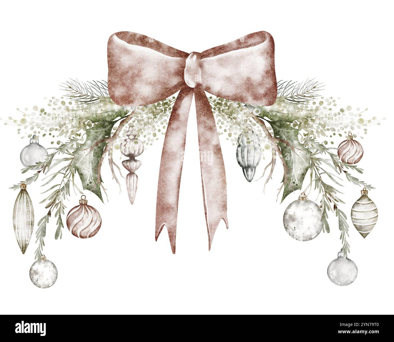Acquerello vintage natalizio in abete con giocattoli retrò e fiocco rosso Foto Stock
