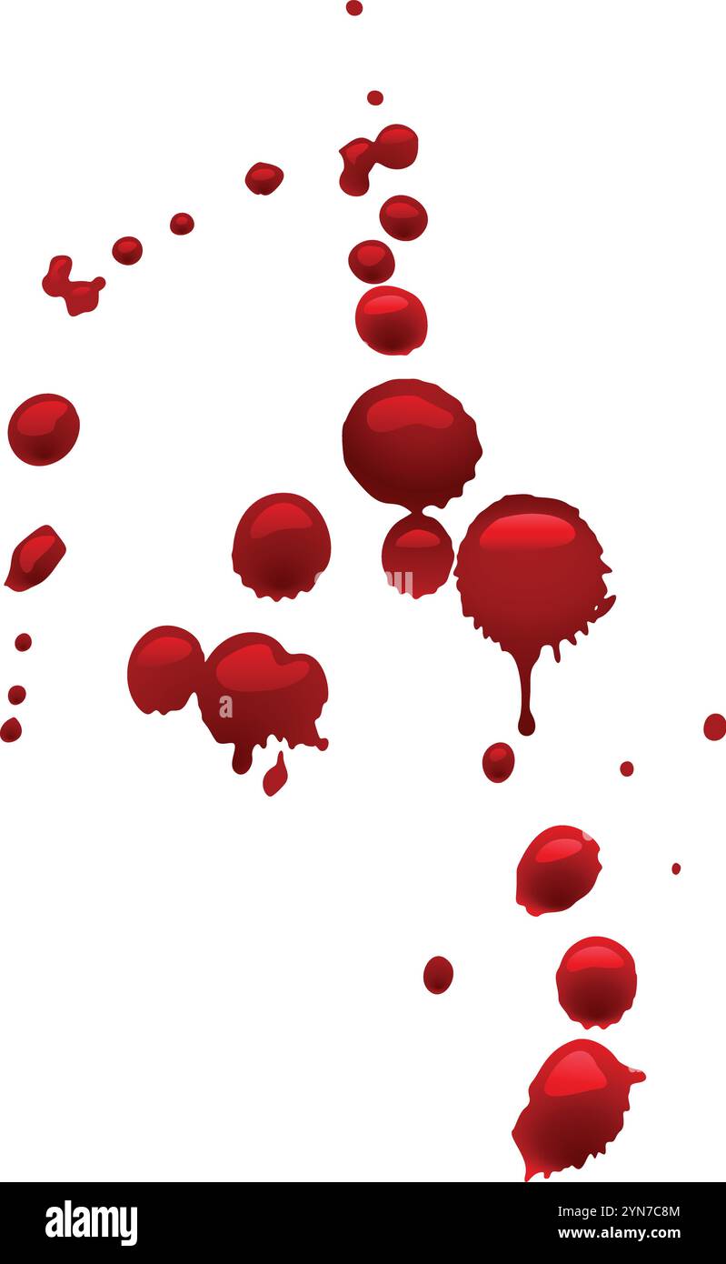 Blood gocciola e spruzza su uno sfondo bianco, creando una scena drammatica e inquietante, perfetta per progetti legati all'orrore, al crimine o a. Illustrazione Vettoriale