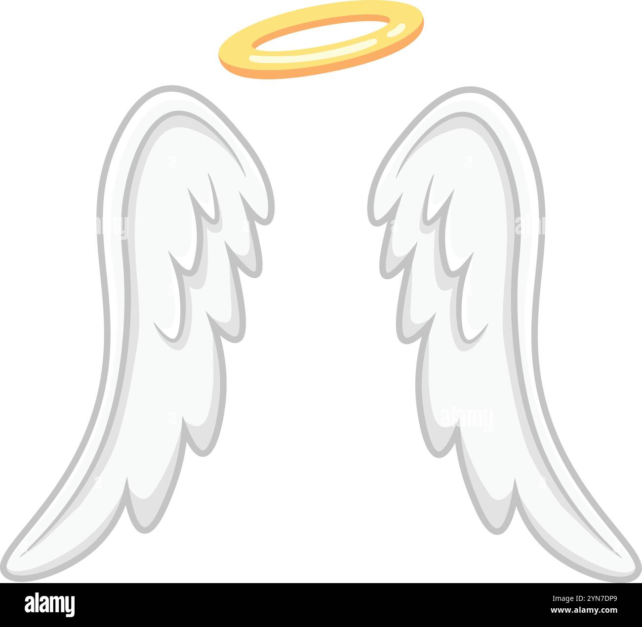 Illustrazione a cartoni animati di ali d'angelo piume bianche con alone dorato che si alza sopra, rappresentando purezza, spiritualità e presenza divina Illustrazione Vettoriale