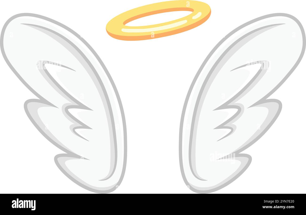 Le ali d'angelo piume bianche in stile cartoni animati e un alone dorato fluttuano su uno sfondo bianco, simboleggiando la purezza, l'innocenza e la presenza divina Illustrazione Vettoriale