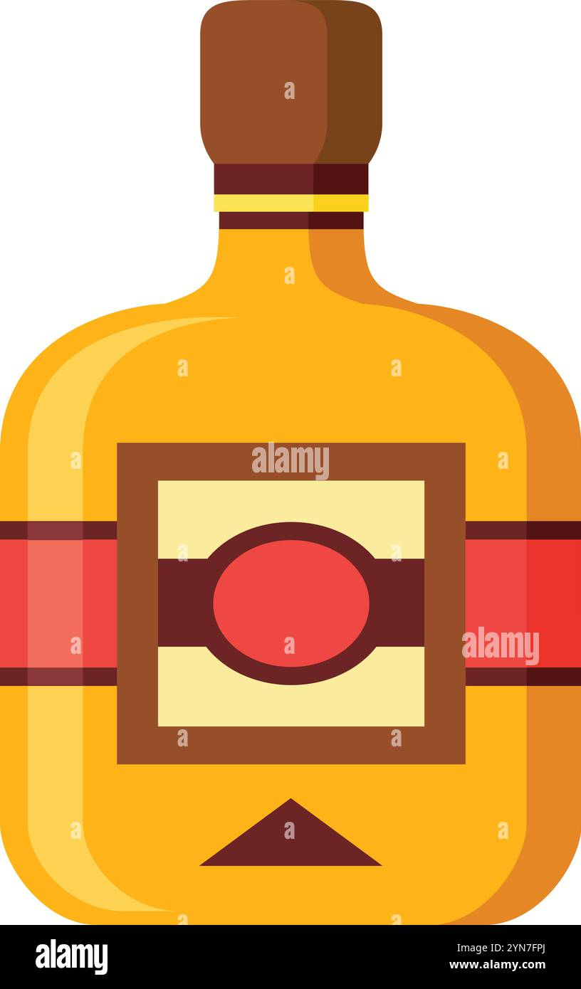 Bottiglia piena e intatta di whisky dorato presenta un'etichetta rossa e crema prominente con un cerchio rosso al centro, adagiato su uno sfondo bianco pulito Illustrazione Vettoriale