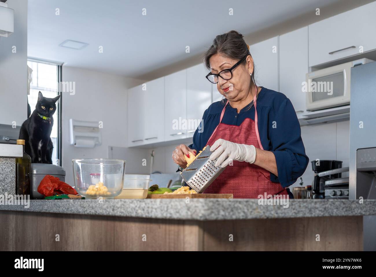 Una donna sta preparando il cibo in una cucina con un gatto che la guarda. Indossa un grembiule e guanti Foto Stock