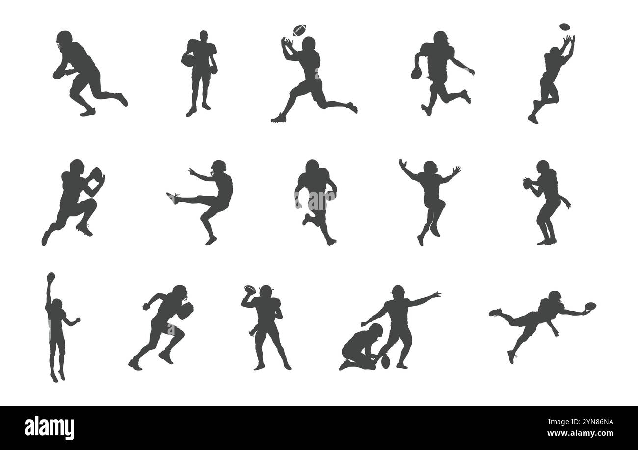Vettori per giocatori di football americano, silhouette per giocatori di football americano, set per giocatori di football, silhouette per giocatori di football Illustrazione Vettoriale