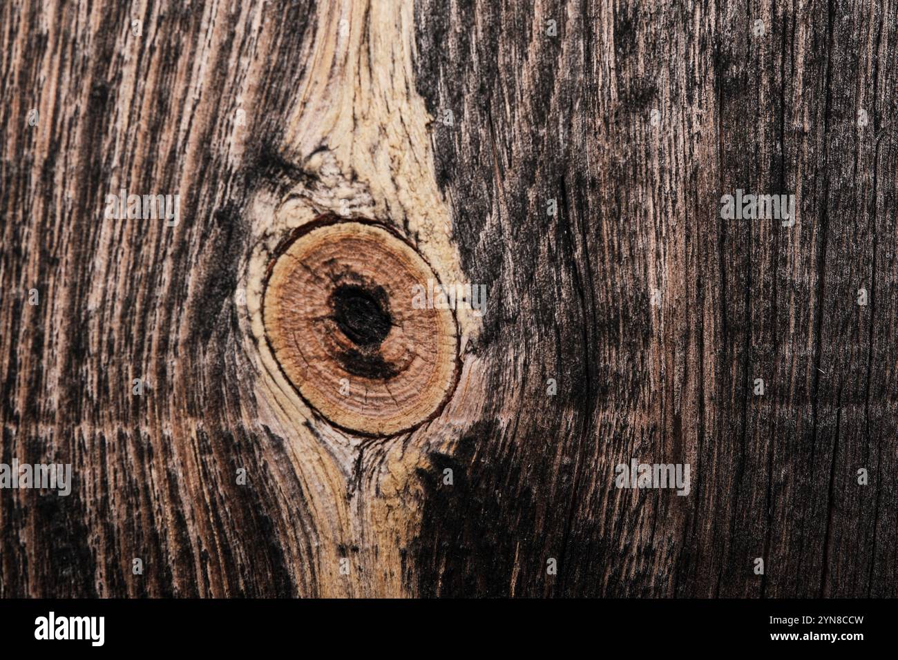 Primo piano di texture in legno rustico con motivi a nodo e grana naturali Foto Stock