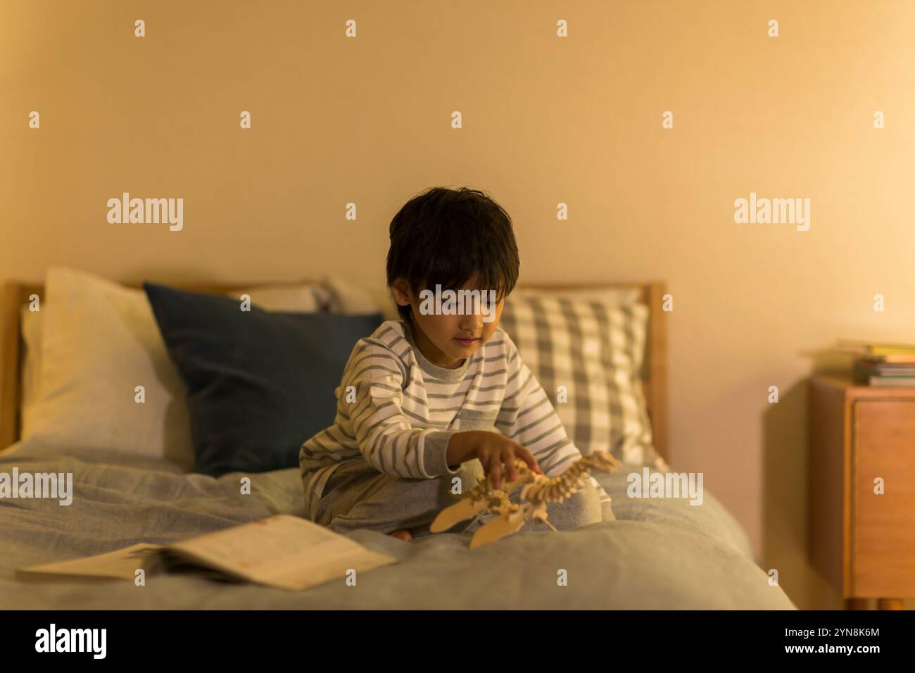 Ragazzo che gioca con i modelli di dinosauro Foto Stock