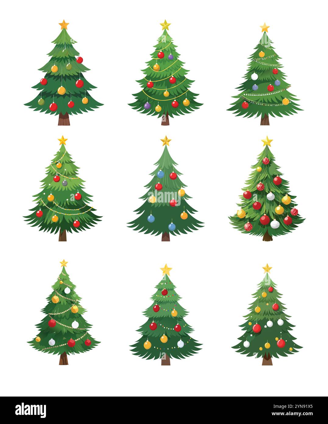 Alberi di Natale vettoriali con decorazioni e ornamenti festivi per le festività natalizie Illustrazione Vettoriale