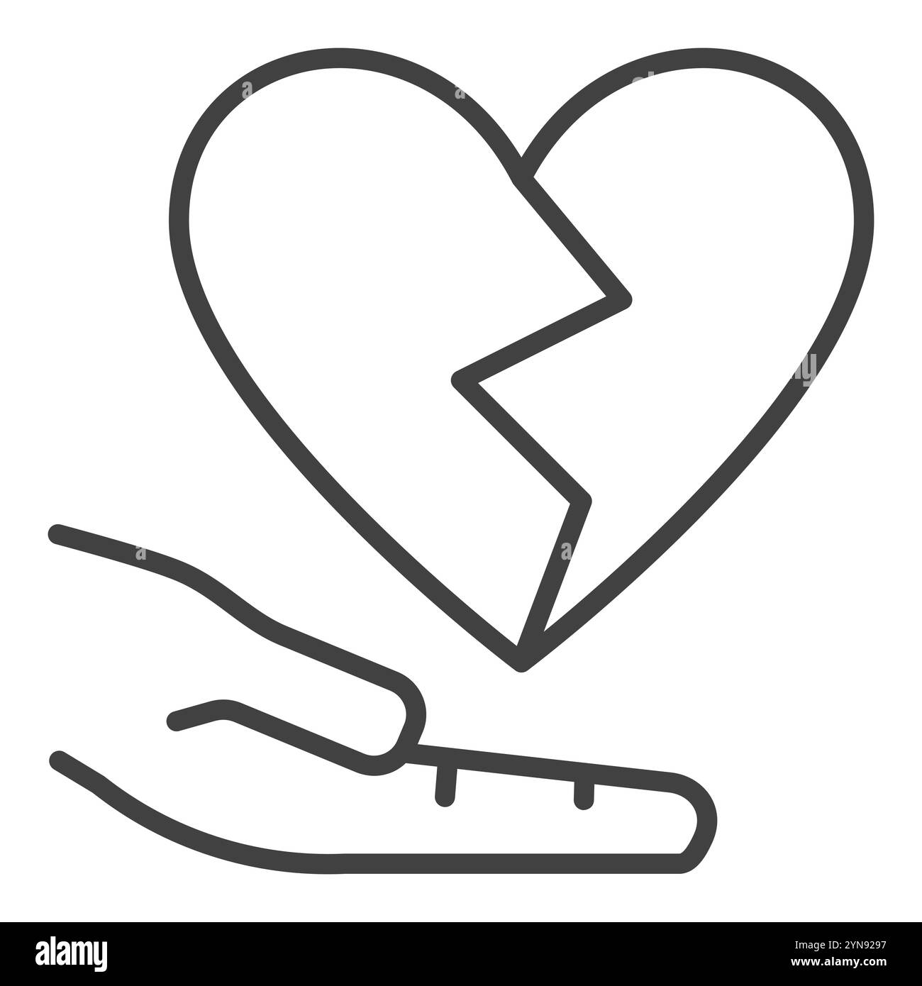 Cuore spezzato con un'icona di lotta emotiva vettoriale della mano in stile sottile Illustrazione Vettoriale