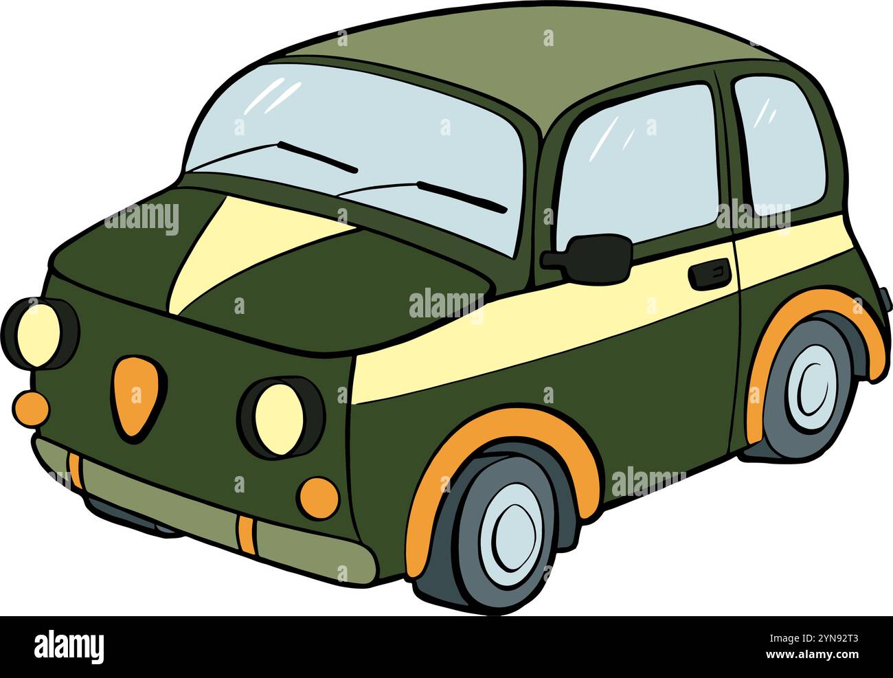Un'auto compatta Cartoon dal design elegante, caratterizzata da una combinazione di colori verde e giallo. Vettore. turismo Illustrazione Vettoriale