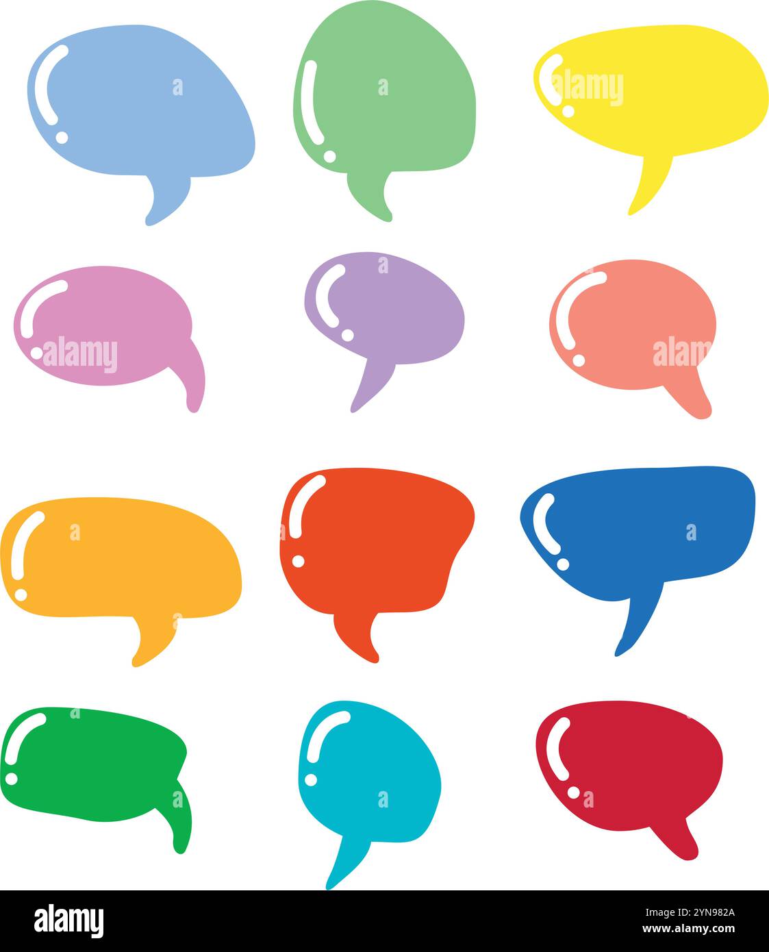 Serie di bolle vocali vettoriali. Raccolta di palloncini colorati, bolle di chat o finestre di dialogo per messaggi, conversazioni, dialoghi, decorazioni Illustrazione Vettoriale