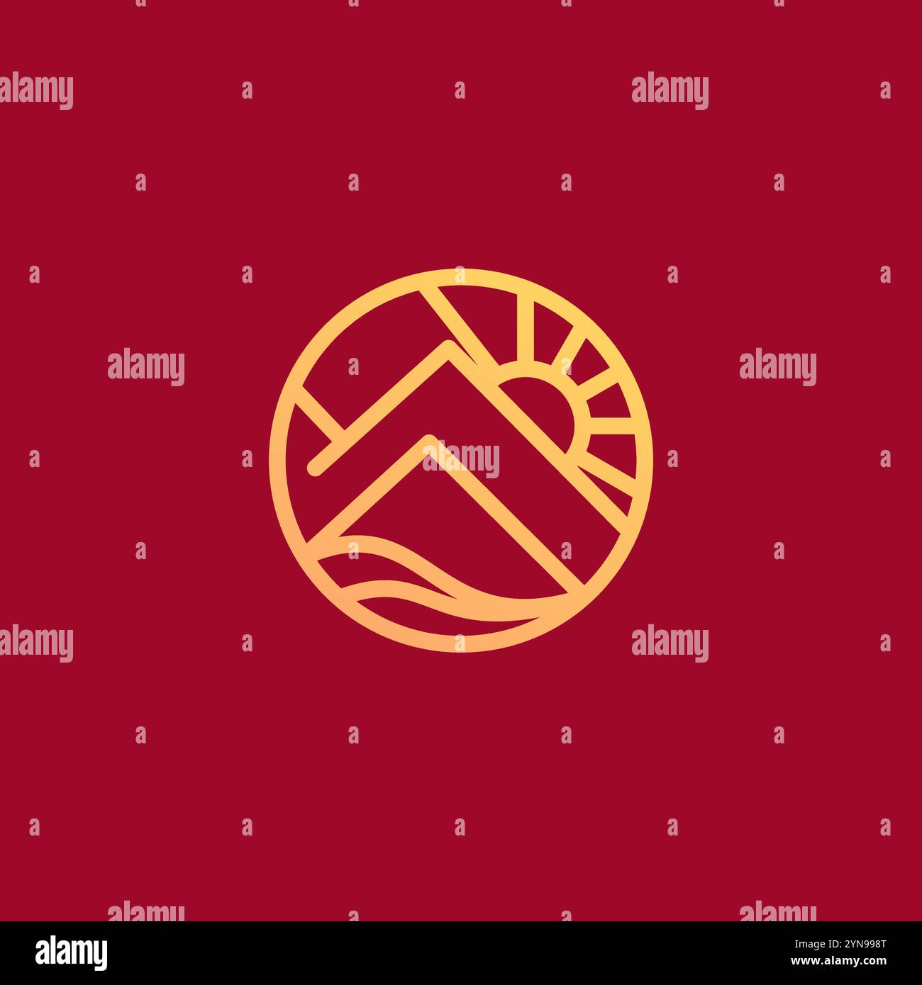 Logo illustrativo di sole e montagna. Idea creativa e semplice modello vettoriale identità del marchio. Illustrazione Vettoriale