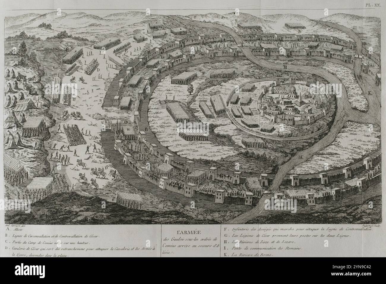 Guerre galliche (58 a.C.-51 a.C.). Assedio di Alesia, 52 a.C. Il climactic scontro militare delle Guerre galliche, combatté intorno all'oppidum gallico (insediamento fortificato) di Alesia nell'odierna Francia, un importante centro della tribù Mandubii. L'esercito romano di Giulio Cesare combatté contro una confederazione di tribù galliche unite sotto la guida di Vercingetorix degli Arverni. Fu l'ultima grande battaglia tra Galli e Romani, ed è considerata una delle più grandi conquiste militari di Cesare. L'esercito romano costruì due linee di fortificazioni: Un muro interno per tenere i Galli assediati dentro e un o Foto Stock