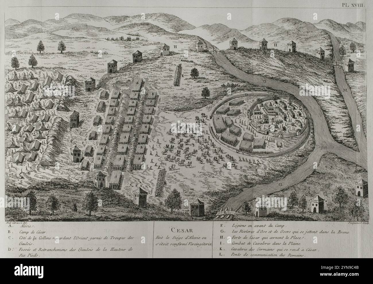 Guerre galliche (58 a.C.-51 a.C.). Assedio di Alesia, 52 a.C. Il climactic scontro militare delle Guerre galliche, combatté intorno all'oppidum gallico (insediamento fortificato) di Alesia nell'odierna Francia, un importante centro della tribù Mandubii. L'esercito romano di Giulio Cesare combatté contro una confederazione di tribù galliche unite sotto la guida di Vercingetorix degli Arverni. Fu l'ultima grande battaglia tra Galli e Romani, ed è considerata una delle più grandi conquiste militari di Cesare. L'esercito romano costruì due linee di fortificazioni: Un muro interno per tenere i Galli assediati dentro e un o Foto Stock
