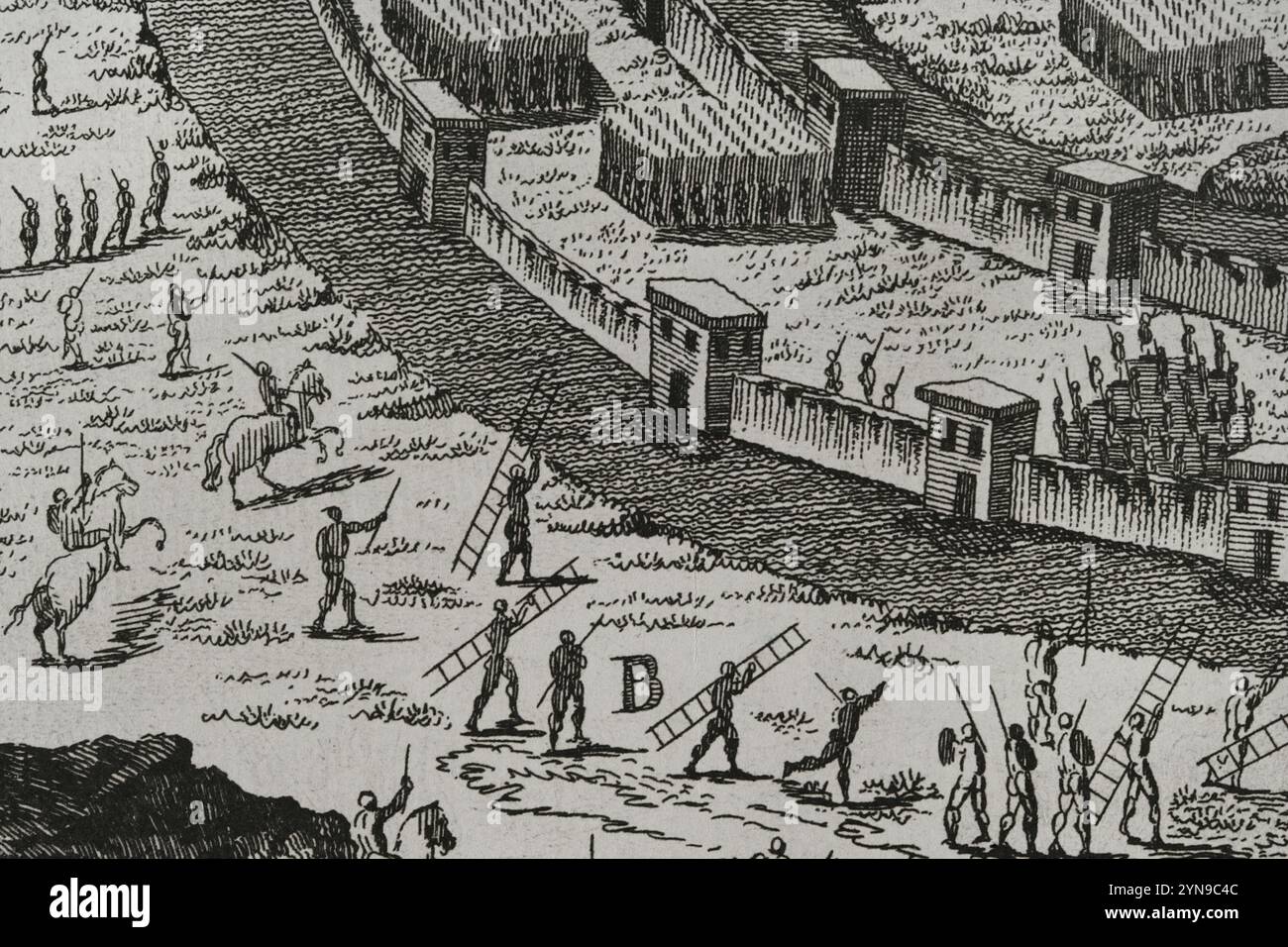 Guerre galliche (58 a.C.-51 a.C.). Assedio di Alesia, 52 a.C. Il climactic scontro militare delle Guerre galliche, combatté intorno all'oppidum gallico (insediamento fortificato) di Alesia nell'odierna Francia, un importante centro della tribù Mandubii. L'esercito romano di Giulio Cesare combatté contro una confederazione di tribù galliche unite sotto la guida di Vercingetorix degli Arverni. Fu l'ultima grande battaglia tra Galli e Romani, ed è considerata una delle più grandi conquiste militari di Cesare. L'esercito romano costruì due linee di fortificazioni: Un muro interno per tenere i Galli assediati dentro e un o Foto Stock