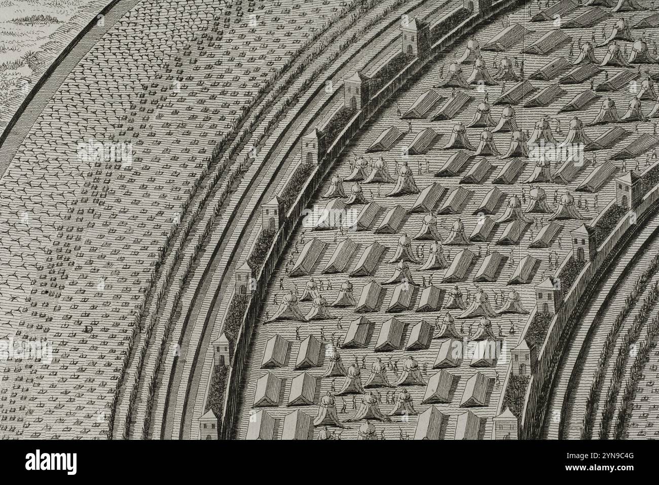 Guerre galliche (58 a.C.-51 a.C.). Assedio di Alesia, 52 a.C. Il climactic scontro militare delle Guerre galliche, combatté intorno all'oppidum gallico (insediamento fortificato) di Alesia nell'odierna Francia, un importante centro della tribù Mandubii. L'esercito romano di Giulio Cesare combatté contro una confederazione di tribù galliche unite sotto la guida di Vercingetorix degli Arverni. Fu l'ultima grande battaglia tra Galli e Romani, ed è considerata una delle più grandi conquiste militari di Cesare. L'esercito romano costruì due linee di fortificazioni: Un muro interno per tenere i Galli assediati dentro e un o Foto Stock