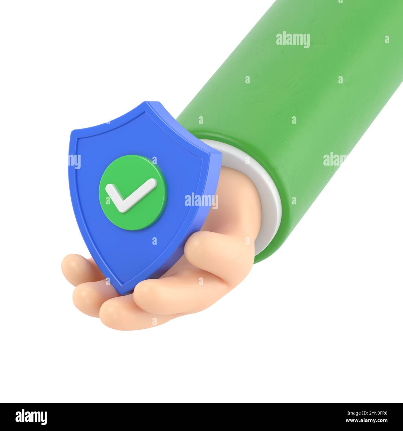 Icona dei gesti dei cartoni animati Mockup.3D con la mano che tiene lo scudo di sicurezza e il lucchetto. Protezione dei dati personali. Concetto di accesso sicuro. Verifica riuscita.3D r Foto Stock