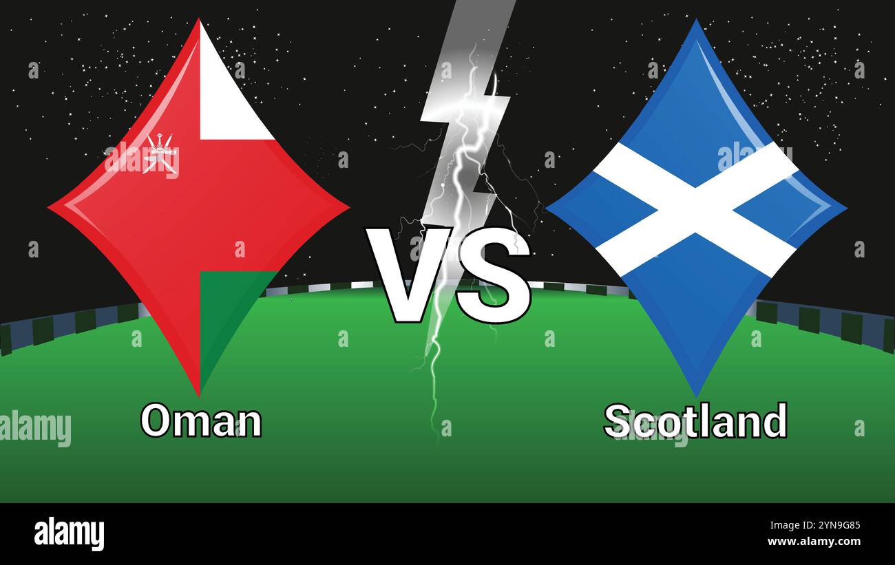 Partite tra lo stadio e Sky Stars Thunder Flash con Oman vs Scozia Illustrazione Vettoriale