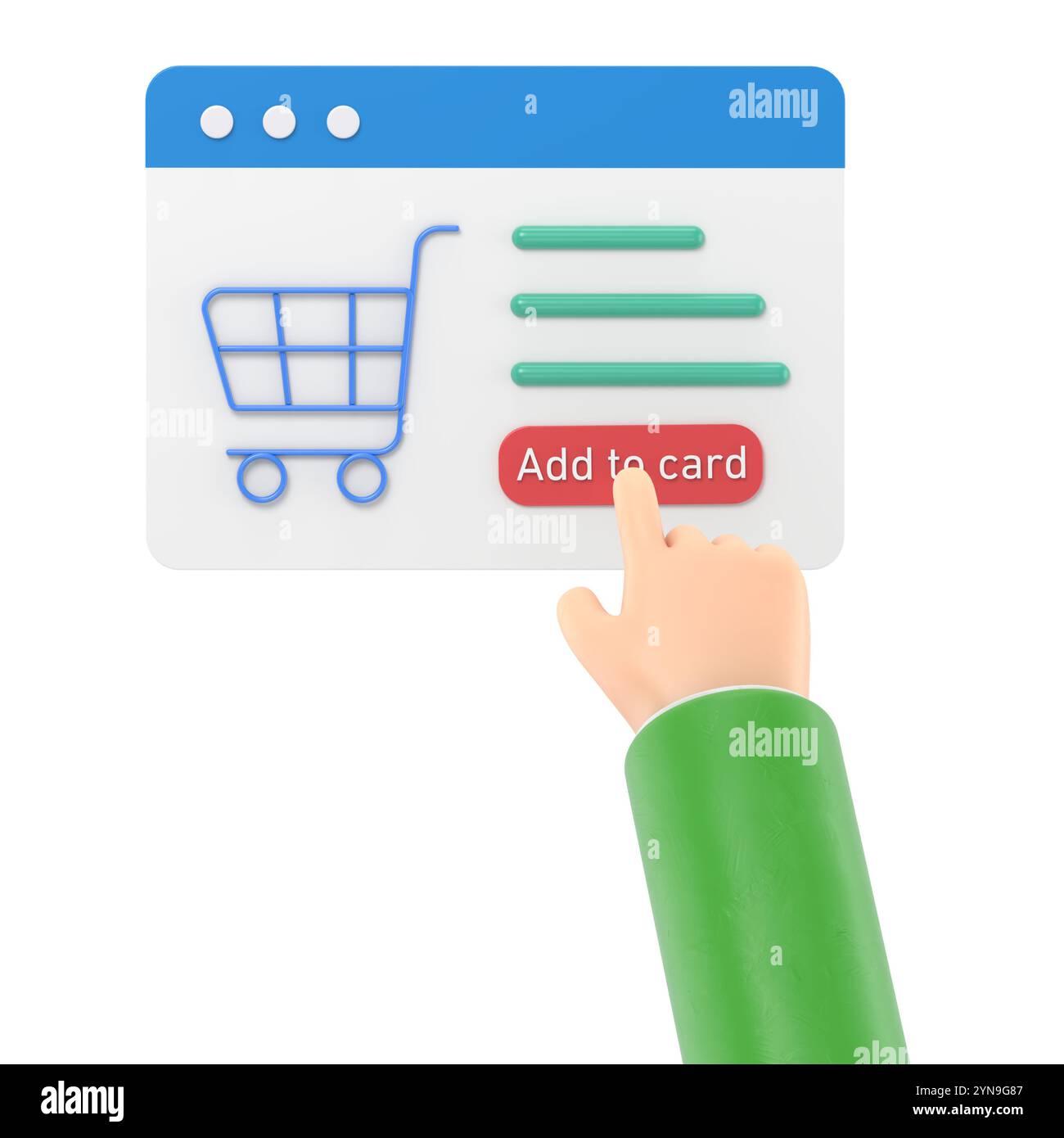 rendering 3d della shopping bag online per il prodotto da aggiungere alla scheda sul browser web. icona dello shopping online 3d con il mercato commerciale. icona 3d e carrello acquisti Foto Stock