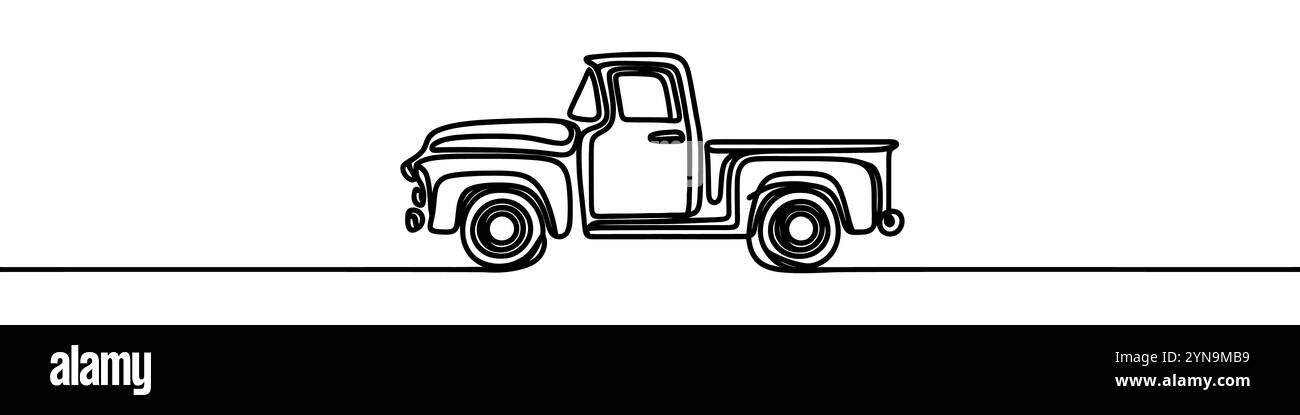 Una linea continua raffigurante un pick-up retro isolato su sfondo bianco. La line art di un pick-up retrò. Illustrazione Vettoriale