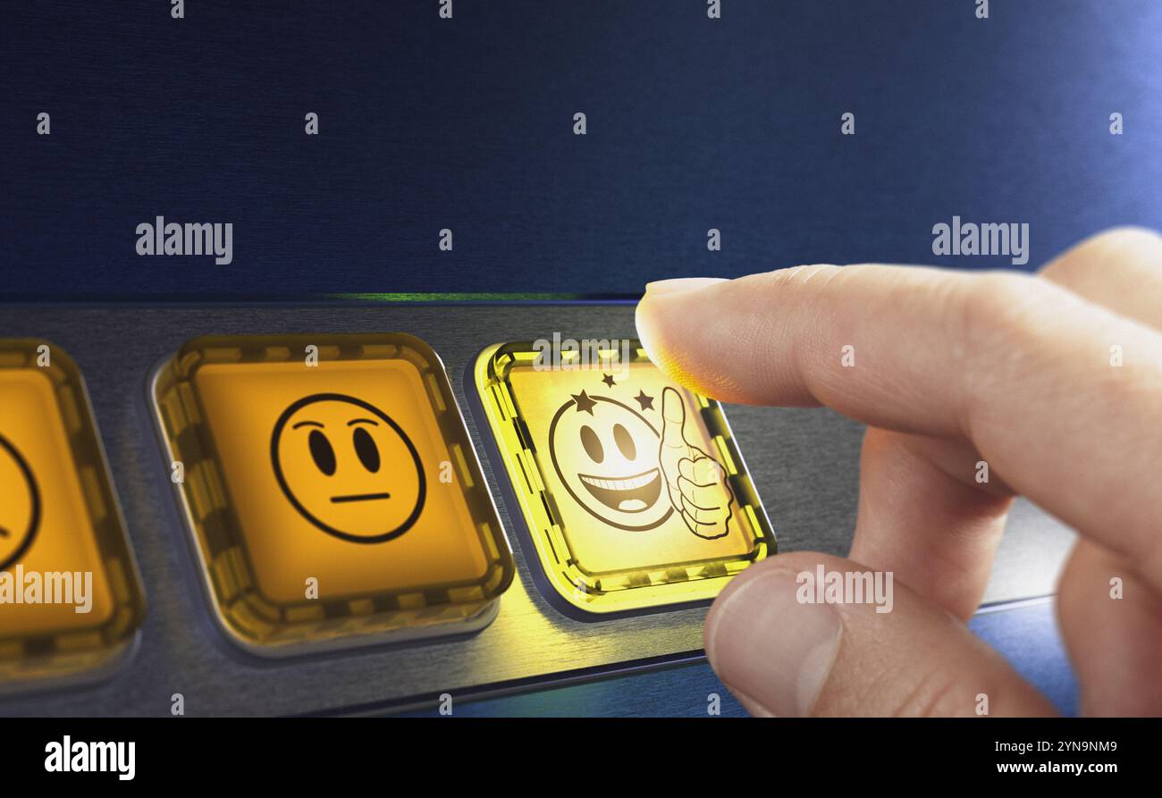 Premere un pulsante giallo con un dito. Feedback del servizio clienti molto positivo. Concetto di esperienza del cliente. Foto Stock