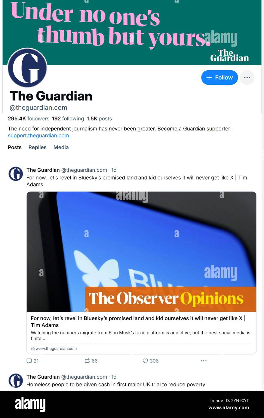Bluesky pagina dei social media del quotidiano The Guardian. Novembre 2024 Foto Stock