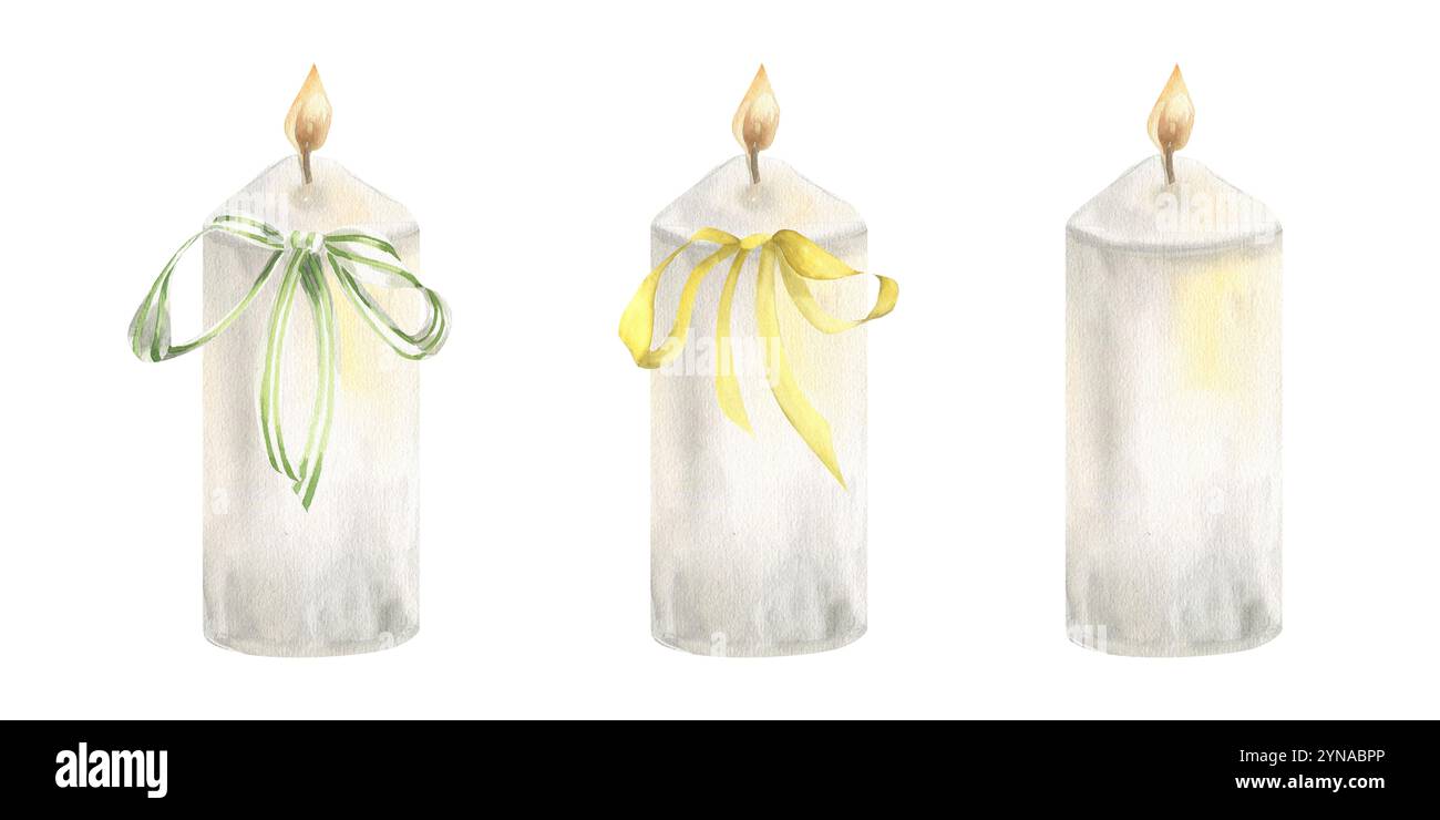 Incandescenti set di acquerelli con elementi di cera bianchi e decorazioni ad archi colorati. Set disegnato a mano con una comoda clipart interna. Religione, Foto Stock