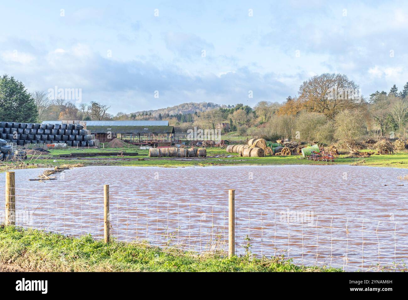 Kidderminster, Regno Unito. 25 novembre 2024. Meteo nel Regno Unito: Una giornata di sole splendente. Gli agricoltori si trovano ad affrontare problemi di inondazione mentre Storm Bert si rilassa nelle Midlands dopo un fine settimana turbolento e tempestoso. Crediti: Lee Hudson/Alamy Live News Foto Stock