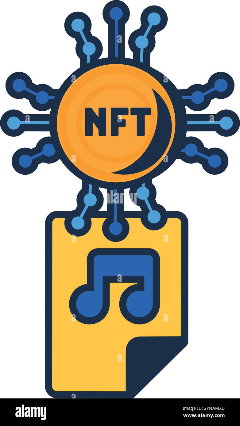 File musicale NFT multicolore. Assegnazione di codice univoco al file multimediale. Creazione di diritti digitali sicuri alla proprietà. Futuristico cartoni animati contorno vettoriale isol Illustrazione Vettoriale
