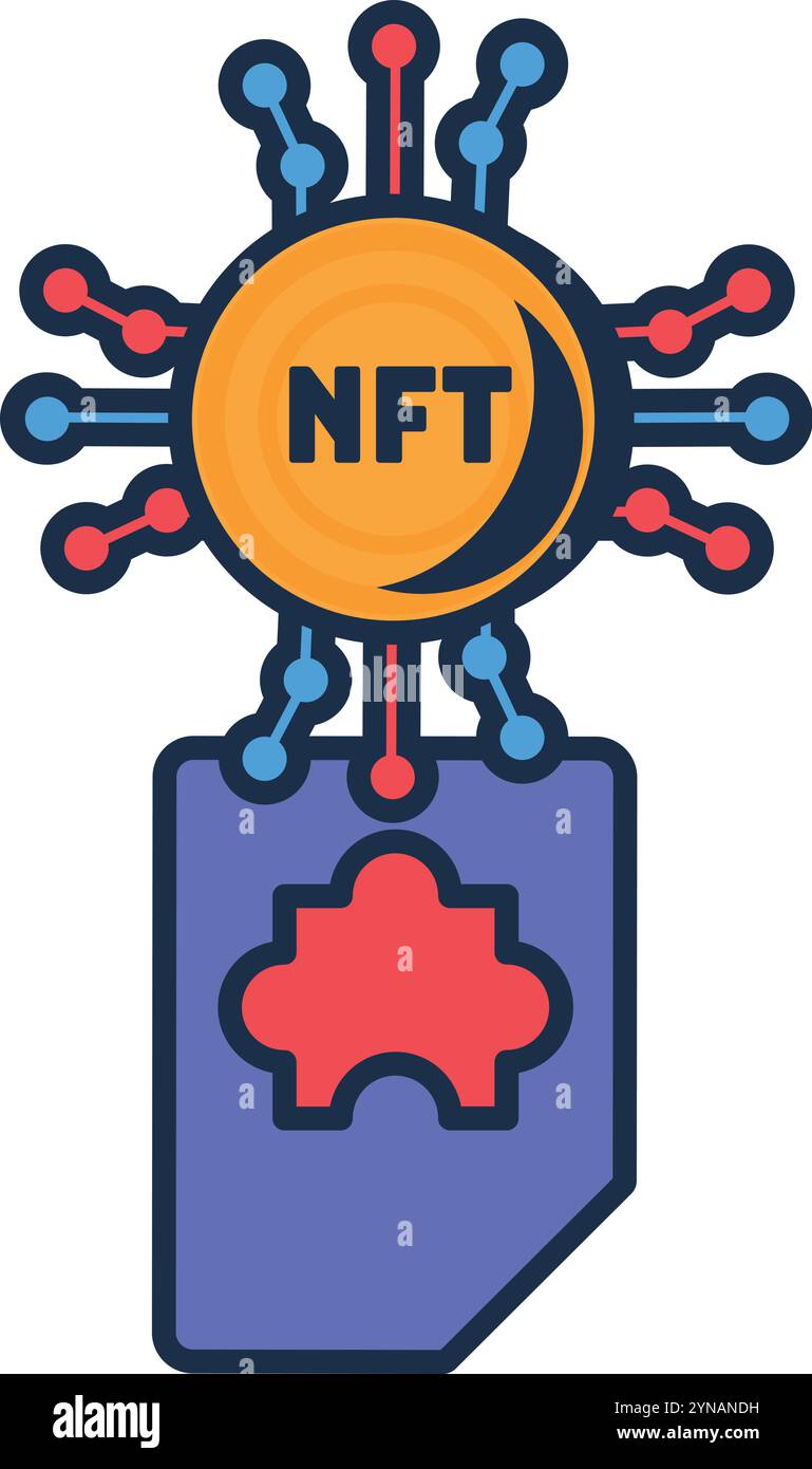 File di proprietà intellettuale digitale NFT multicolore. Assegnazione di codice univoco ai diritti di sviluppo. Garantire i diritti digitali al brevetto. Fumetto futuristico Illustrazione Vettoriale