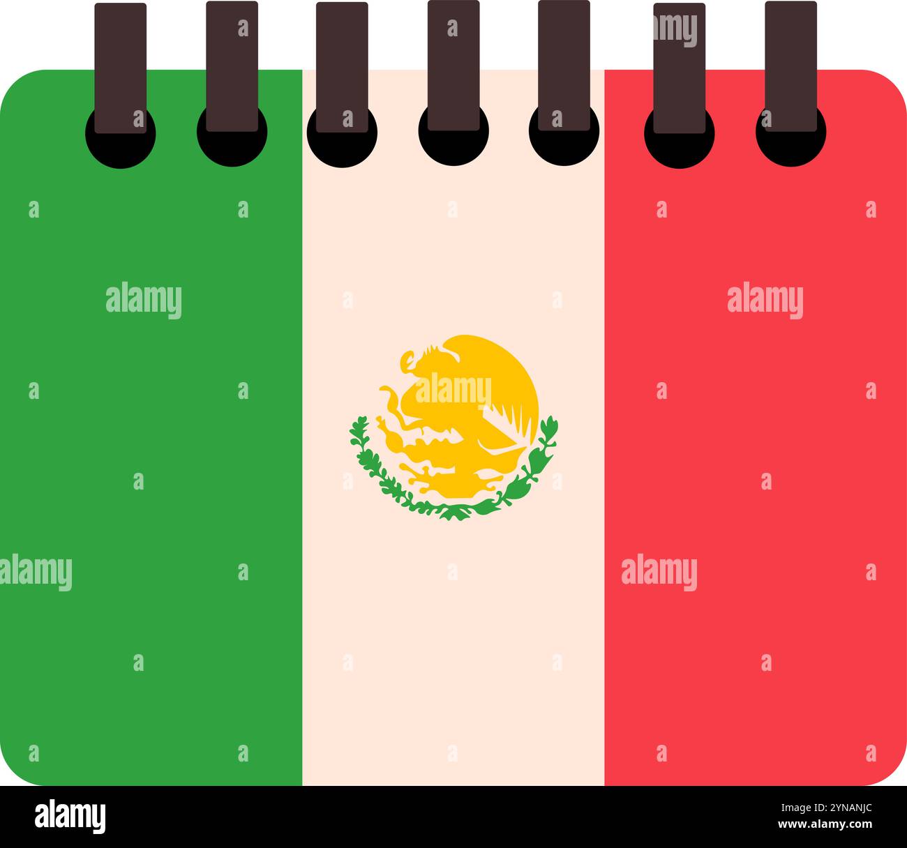 Sfoggia il calendario natalizio con la bandiera messicana sulla copertina. Elemento della vacanza ispanica Cinco De Mayo. Icona delle festività messicane. Semplice elemento vettoriale cartoni animati i Illustrazione Vettoriale