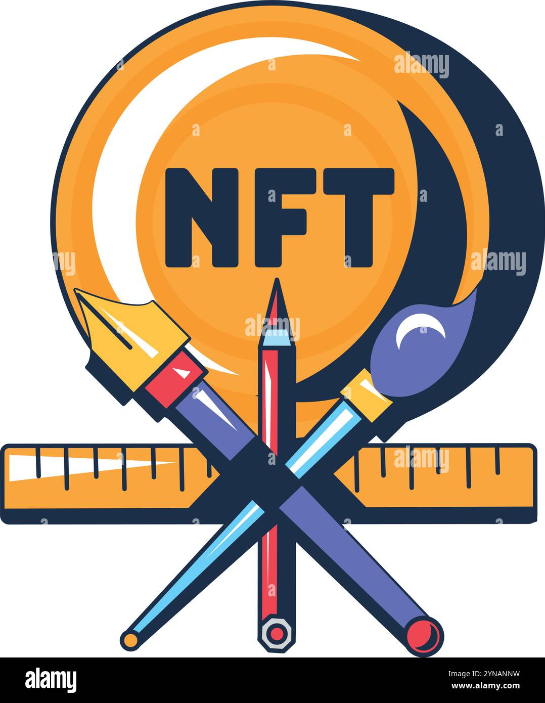 Multicolore che assegna un token nft all'opera d'arte. Conferma dell'unicità dei contenuti sulla rete. Vendita di beni digitali. Futuristico profilo dei cartoni animati Illustrazione Vettoriale