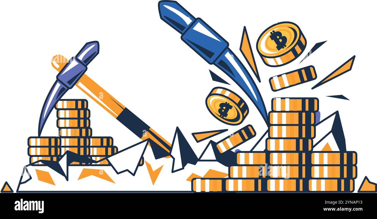 Criptovalute digitali per il mining multicolore. Produzione di criptovaluta utilizzando la tecnologia blockchain. Piscina agricola per l'estrazione di criptovalute. Fumetto futuristico Illustrazione Vettoriale