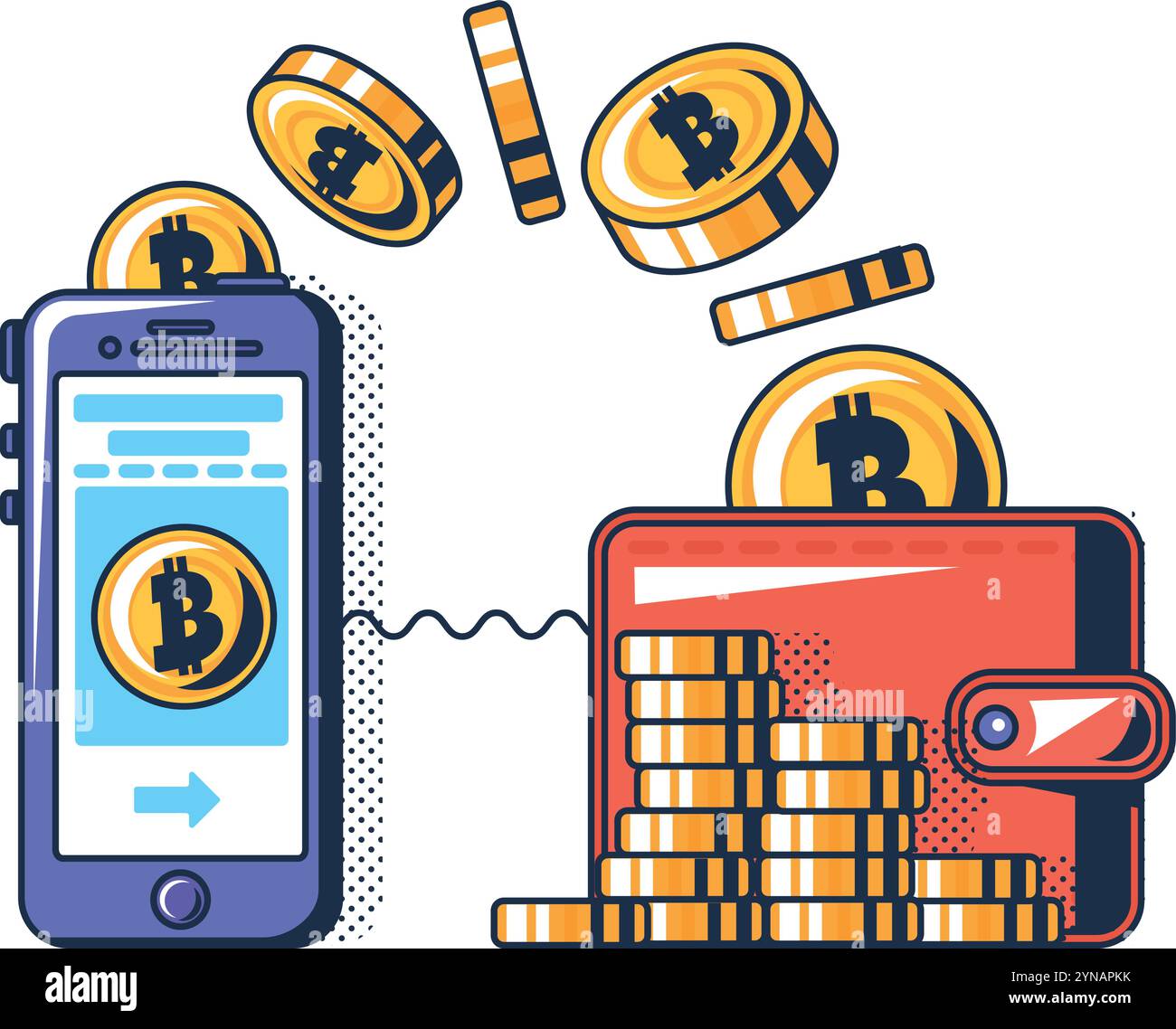 Transazione di denaro multicolore in portafoglio di criptovalute. Trasferimento digitale di beni finanziari reali. App mobile per criptovaluta. Futuristico contorno cartone animato vec Illustrazione Vettoriale