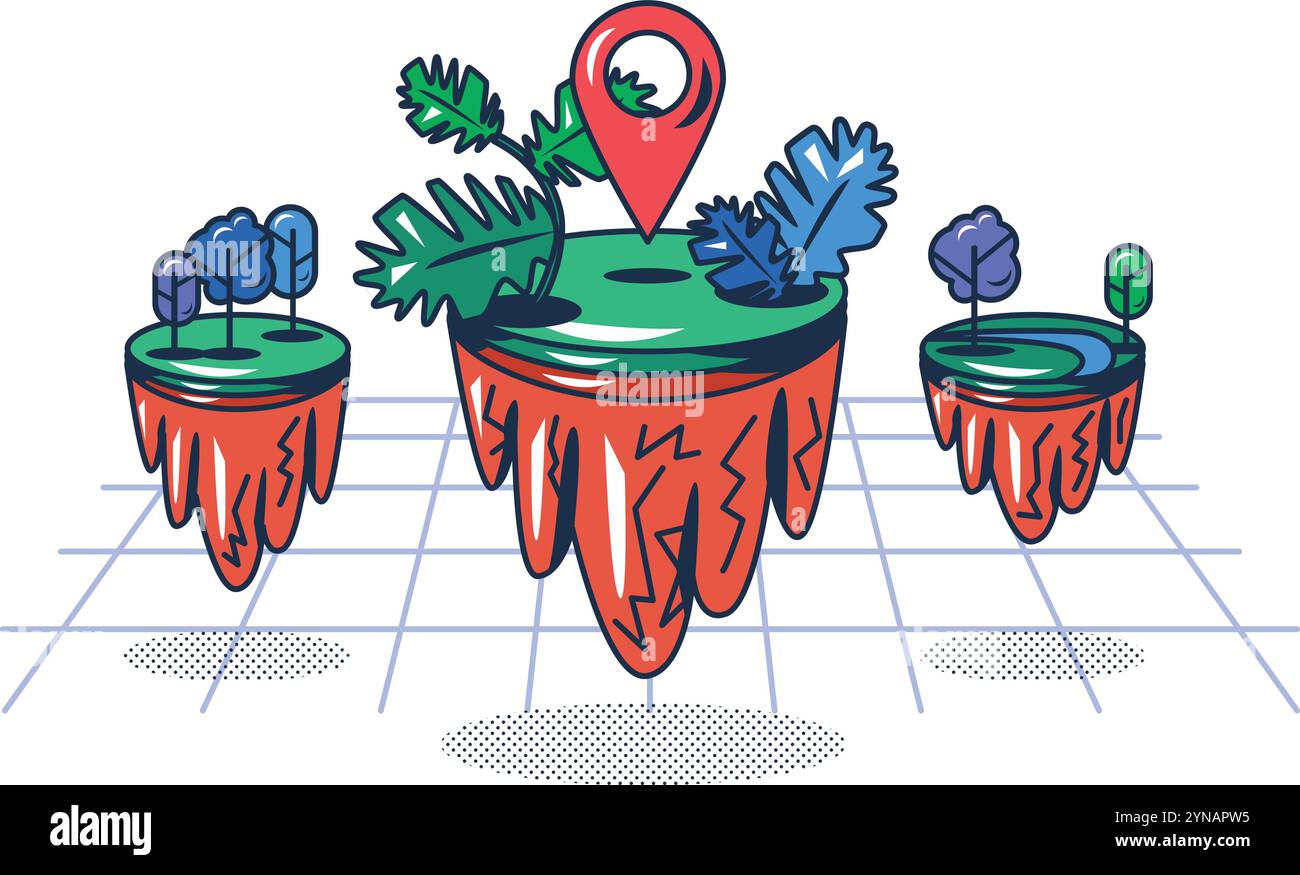 Metaversa multicolore della realtà virtuale. Area digitalizzata del terreno con checkpoint per gli utenti. Punto di ingresso alla realtà virtuale. Futuristico cartone animato ou Illustrazione Vettoriale