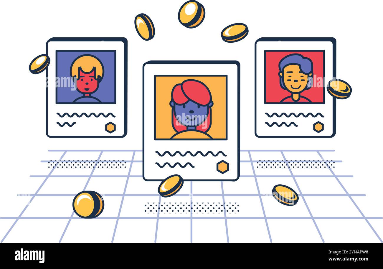 Dati utente di vendita multicolore sulla piattaforma di scambio. Asta per la negoziazione di profili utente digitali. Raccolta e memorizzazione dei dati. Futuristico cartone animato outli Illustrazione Vettoriale