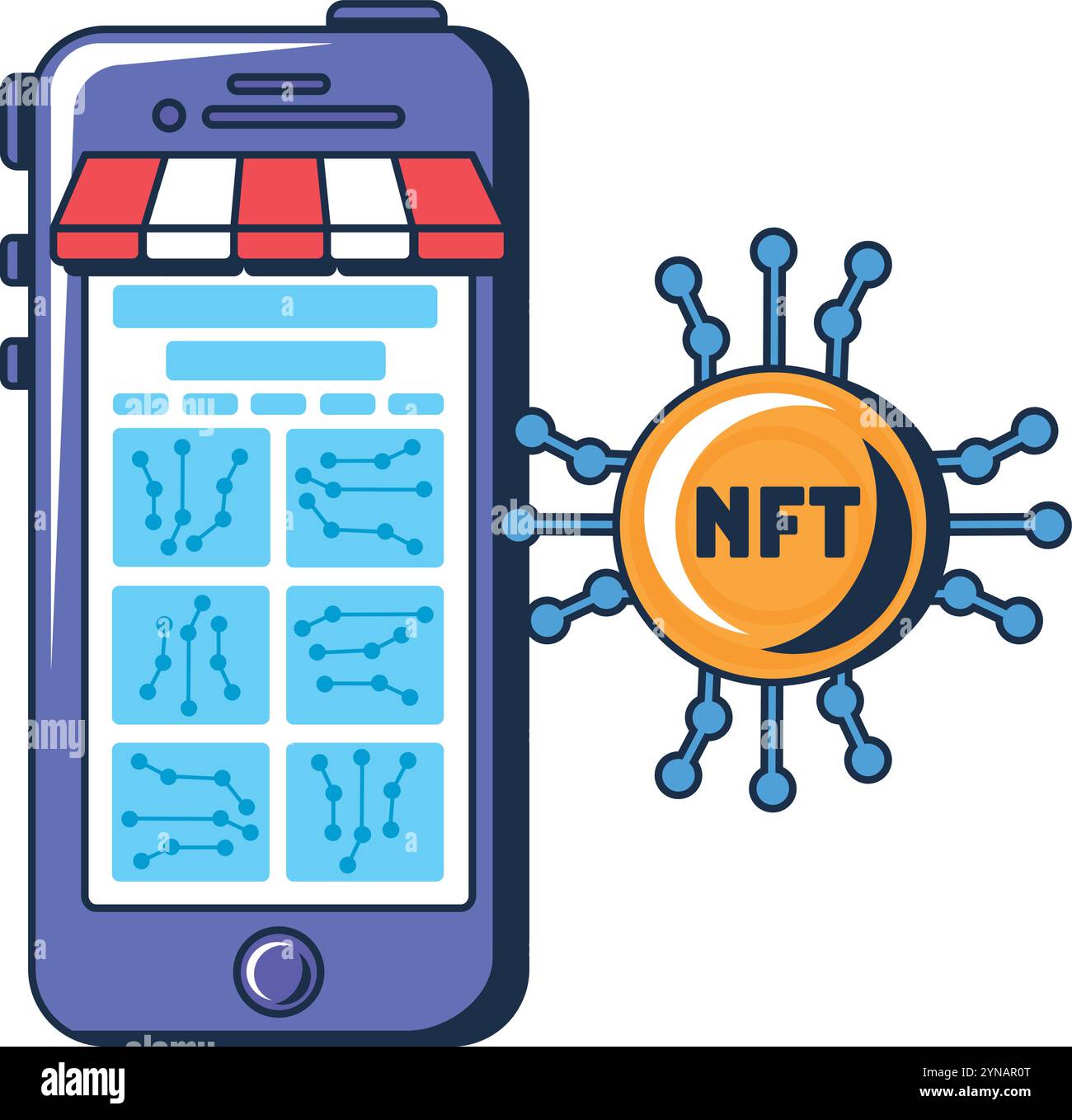 Tasto digitale di selezione multicolore nell'applicazione mobile. Identificazione token NFT. Conferma della proprietà della risorsa digitale. Futuristico cartone animato ou Illustrazione Vettoriale