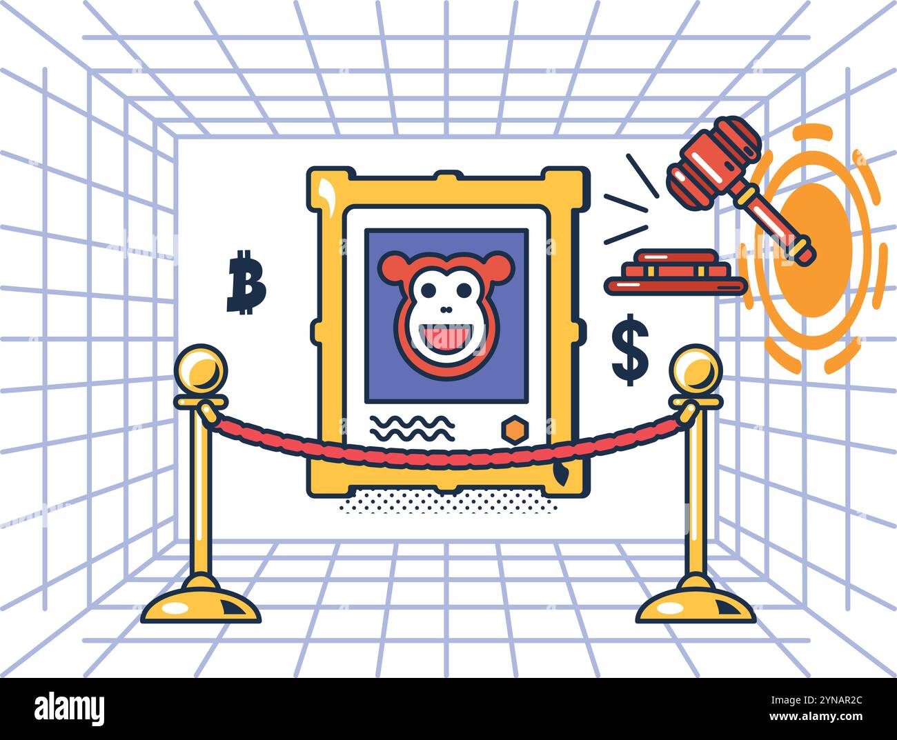 Vendita di immagini digitali multicolore sulla piattaforma NFT. Asta per la vendita di diritti sulle immagini. Pagamento per contenuti con criptovaluta. Cartoo futuristico Illustrazione Vettoriale