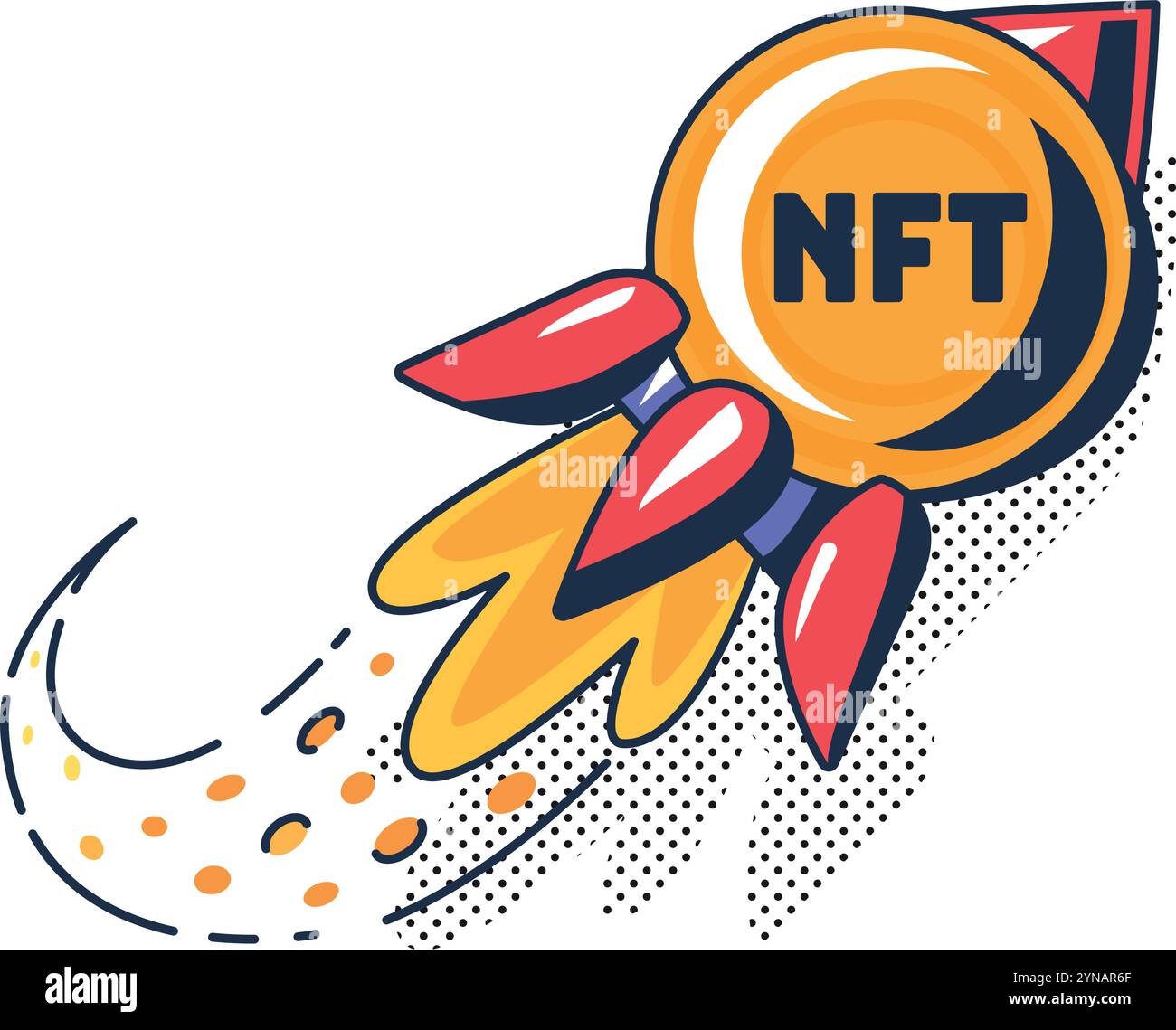 Lancio del gettone NFT digitale multicolore lucido. Firma digitale, conferma dei diritti sulle risorse. Razzo cripto unico e sicuro. Futuristico cartone animato outli Illustrazione Vettoriale